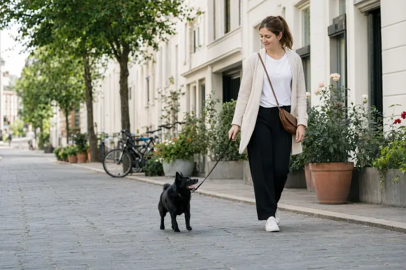 Ein Schipperke Hund läuft an der Leine mit seinem Besitzer durch eine freundliche moderne Stadtstraße im Alltag.