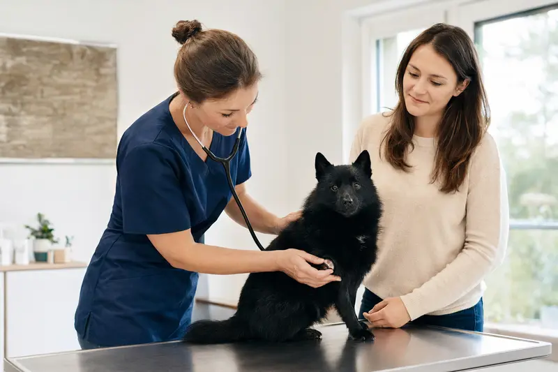 Eine Tierärztin untersucht einen ruhigen Schipperke auf dem Untersuchungstisch in einer modernen Tierarztpraxis, während der Besitzer beruhigend danebensteht.