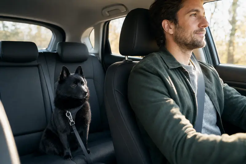 Ein Schipperke sitzt sicher angeschnallt auf der Rückbank eines Autos, während der Besitzer ruhig fährt.