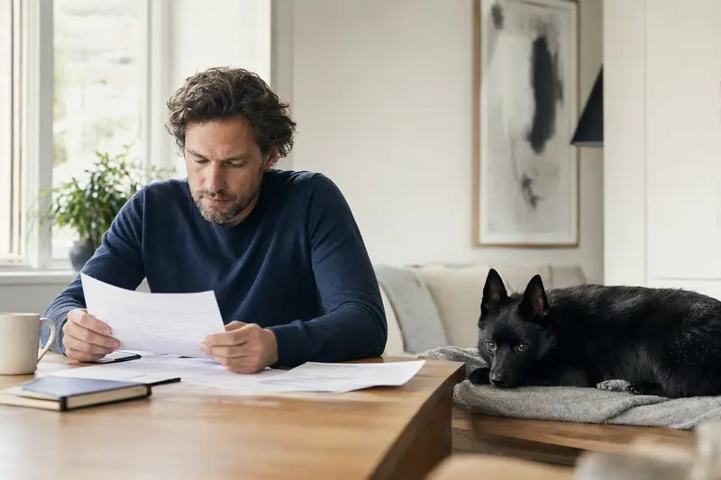Ein Hundebesitzer sitzt mit einer Tierarztrechnung am Tisch, während ein entspannter Schipperke auf einer Decke daneben liegt.