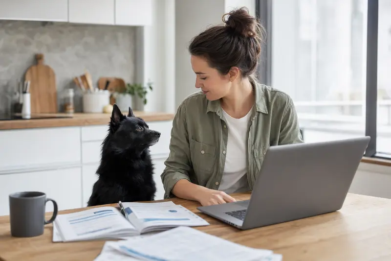 Ein Schipperke sitzt ruhig neben seinem Besitzer am Küchentisch, auf dem Versicherungsunterlagen und ein Laptop mit einer neutralen Vergleichsseite liegen.