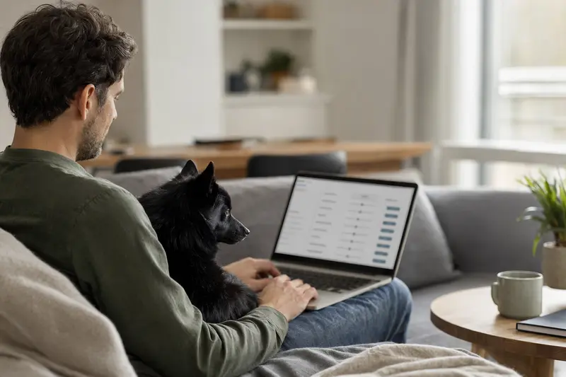 Ein Hundebesitzer sitzt auf dem Sofa mit einem Laptop, während ein Schipperke neben ihm liegt, was eine informierte Entscheidung über Tierversicherungen darstellt.