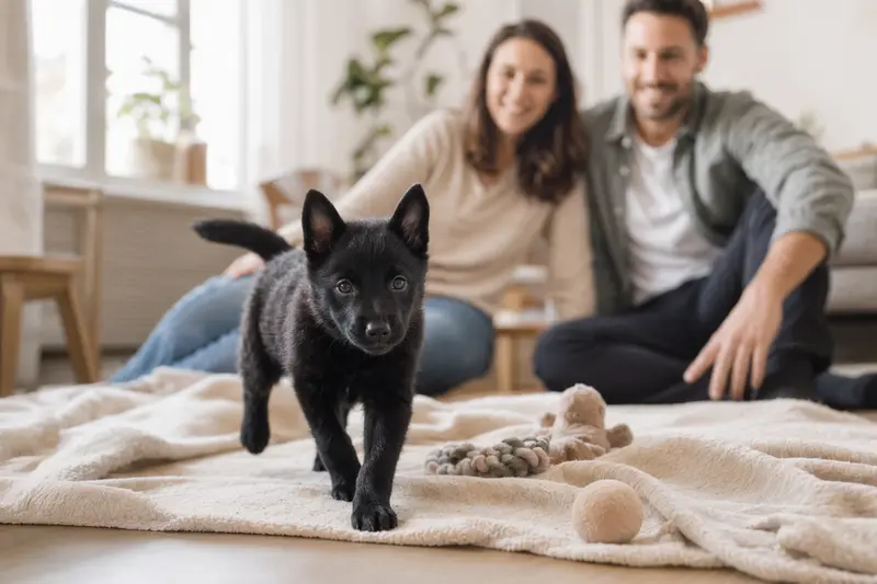 Ein junger Schipperke Welpe entdeckt neugierig sein neues Zuhause auf einer weichen Decke in einer hellen Wohnung mit Spielzeug und liebevoller Familie im Hintergrund.