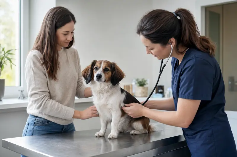 Eine Tierärztin untersucht einen ruhigen Hund auf dem Untersuchungstisch in einer modernen Tierarztpraxis, während der Besitzer beruhigend danebensteht.