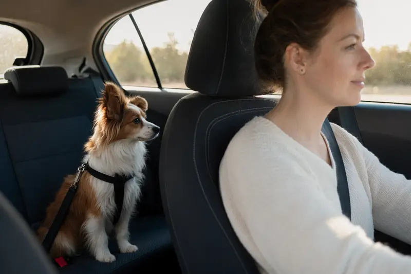 Ein sicher angeschnallter Schmetterlingshund sitzt auf der Rückbank eines Autos, während der Besitzer ruhig fährt und Sonnenlicht ins Fahrzeug fällt.