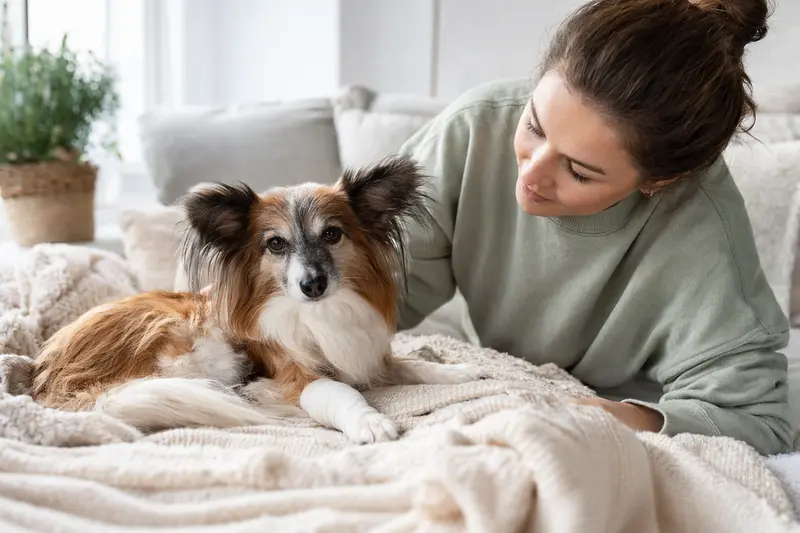 Ein Hund mit leicht verbundenen Pfote liegt ruhig auf einer Decke, während sein Besitzer erleichtert neben ihm sitzt.