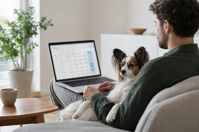 Ein Hund sitzt neben einem Besitzer auf dem Sofa, während dieser am Laptop arbeitet, der Bildschirm zeigt eine Versicherungsvergleichsseite.