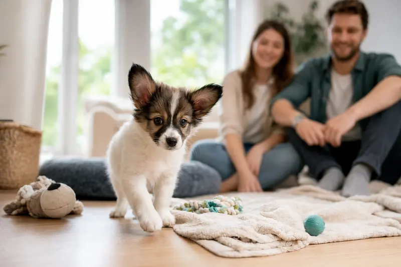 Ein junger Schmetterlingshündchen-Welpe erkundet neugierig sein neues Zuhause mit weicher Decke und Spielzeug, während im Hintergrund eine liebevolle Familie zu sehen ist.