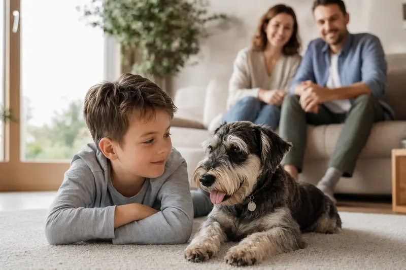Ein freundlicher Schnauzer liegt entspannt neben einem Kind im hellen Wohnzimmer, während Eltern im Hintergrund eine sichere Familienatmosphäre schaffen.