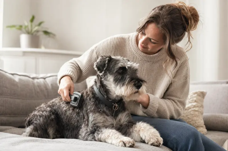 Ein Schnauzer wird in einer hellen Wohnung liebevoll von seinem Besitzer gebürstet, als Teil der regelmäßigen Fellpflege für die Hundegesundheit.