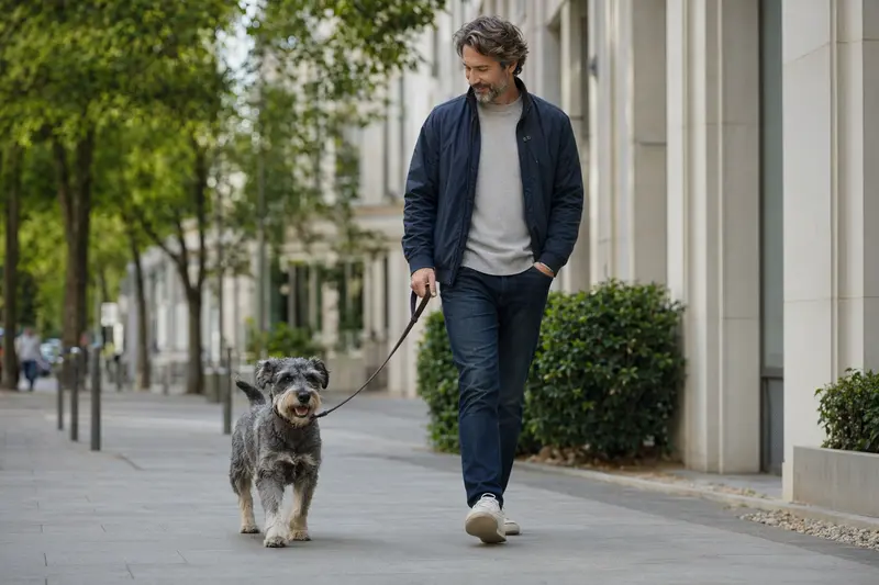 Ein Schnauzer läuft an der Leine mit seinem Besitzer durch eine freundliche moderne Stadtstraße.