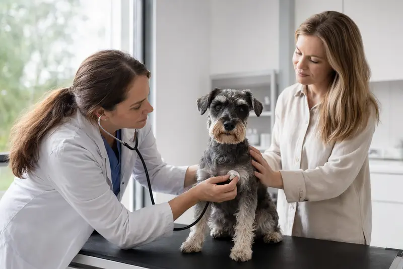 Ein ruhiger Schnauzer wird in einer modernen Tierarztpraxis behutsam mit dem Stethoskop untersucht, während der Besitzer beruhigend danebensteht.