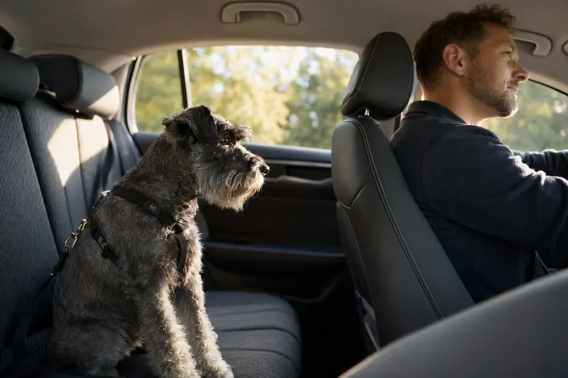 Ein Schnauzer sitzt sicher angeschnallt auf der Rückbank eines Autos, während der Fahrer ruhig unterwegs ist und Sonnenlicht durch das Fenster fällt.