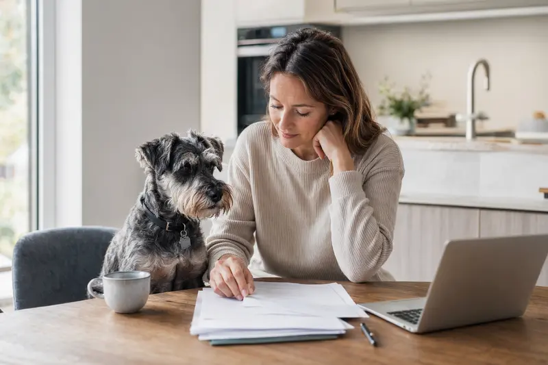 Ein Schnauzer sitzt ruhig neben seinem Besitzer am Küchentisch mit Versicherungsunterlagen und Laptop zur Hundekrankenversicherung.