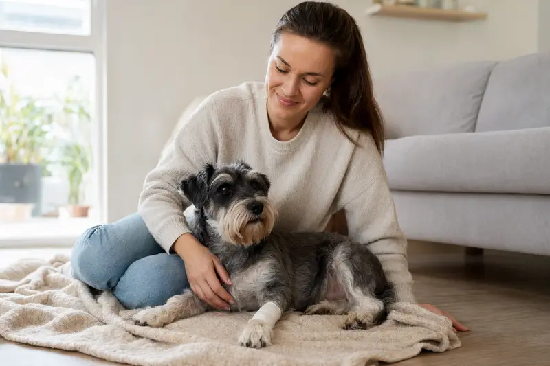 Ein Schnauzer mit leicht verbundenen Pfote liegt ruhig auf einer Decke, während sein Besitzer erleichtert neben ihm sitzt.