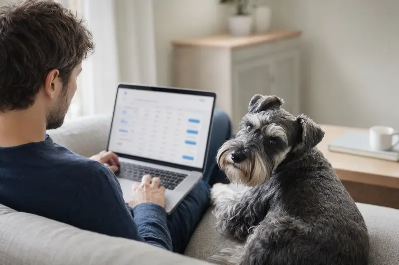 Ein Besitzer mit einem Schnauzer-Hund sitzt entspannt auf dem Sofa und vergleicht Tierversicherungen am Laptop.