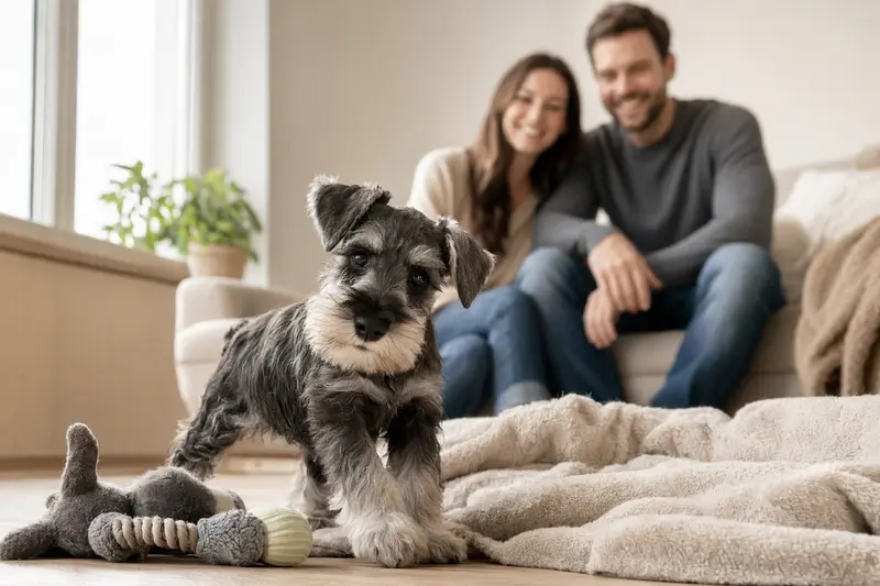 Ein junger Schnauzer-Welpe entdeckt neugierig sein neues Zuhause mit weicher Decke und Spielzeug in einer hellen Wohnung.