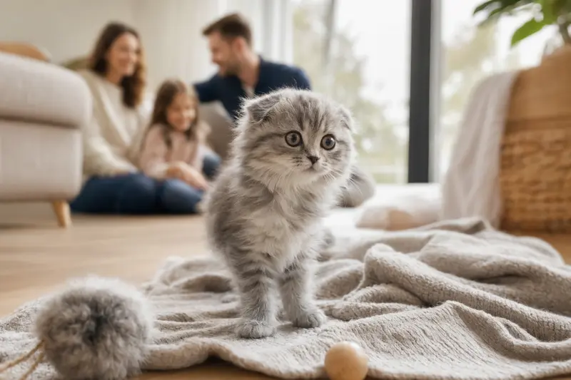 Ein neugieriges Schottisches Faltoreh-Kitten erkundet die kuschelige Decke in seinem neuen Zuhause.