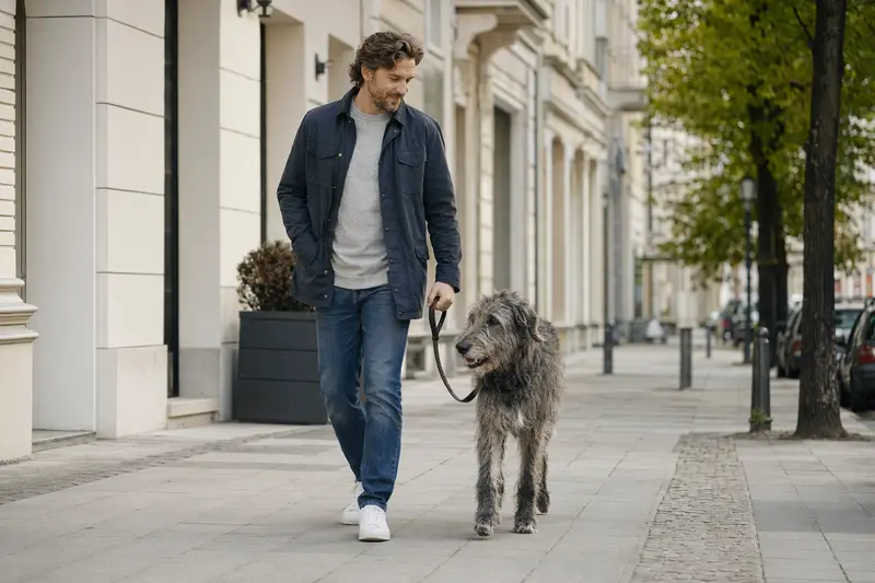 Ein Schottischer Hirschhund läuft entspannt an der Leine mit seinem Besitzer durch eine saubere moderne Stadtstraße.