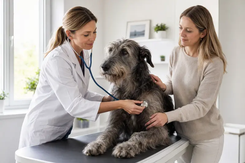 Ein ruhiger Schottischer Hirschhund wird von einer Tierärztin mit Stethoskop in einer modernen Praxis untersucht.