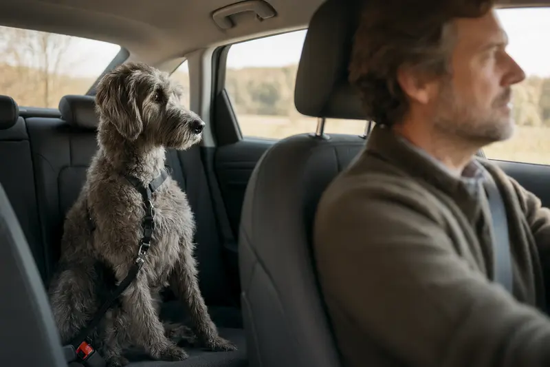 Ein schottischer Hirschhund sitzt angeschnallt auf der Rückbank eines Autos und genießt das Sonnenlicht.