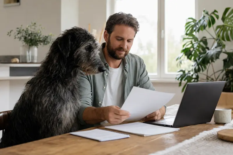 Ein entspannter schottischer Hirschhund sitzt neben seinem Besitzer am Küchentisch, während Versicherungsunterlagen und ein Laptop auf dem Tisch liegen.