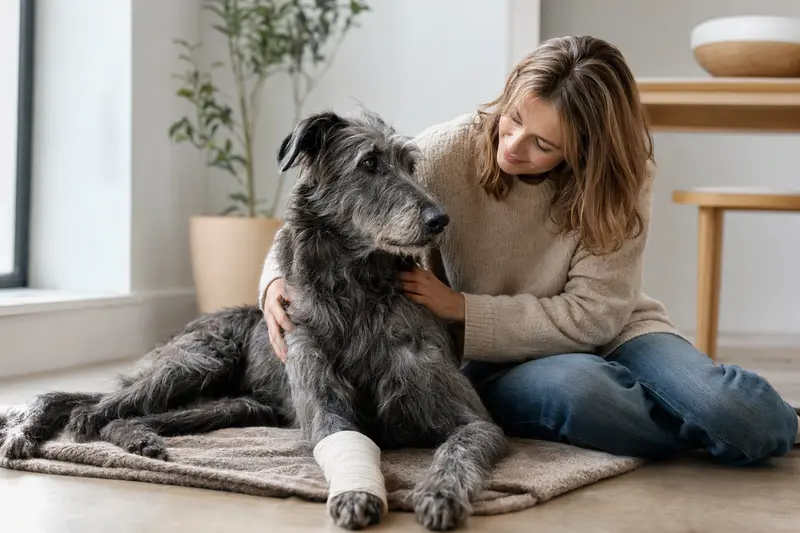 Ein schottischer Hirschhund mit leichtem Verband an der Pfote ruht sich neben seinem erleichterten Besitzer in einer hellen Wohnung aus.