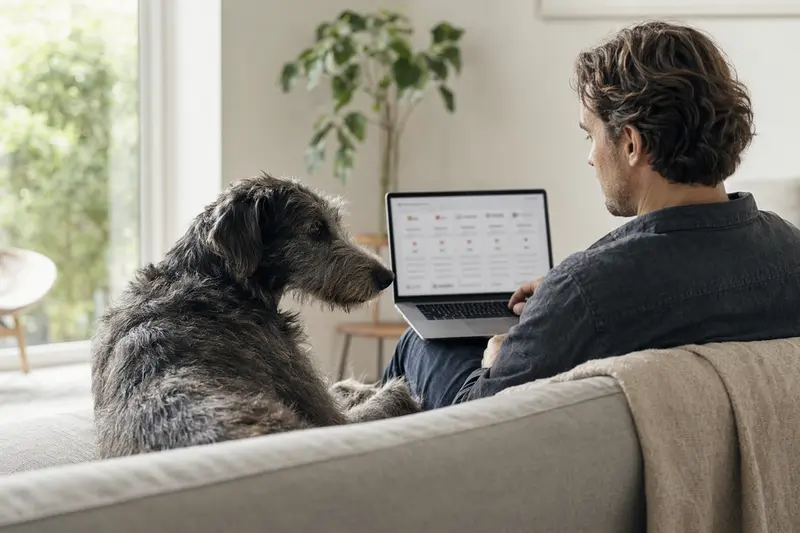 Ein Hund sitzt neben seinem Besitzer, der am Laptop im Wohnzimmer nach Tierkrankenversicherungen sucht.