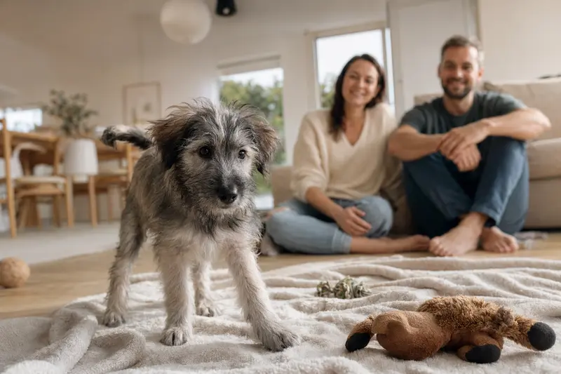 Ein neugieriger schottischer Hirschhund Welpe erkundet sein neues Zuhause mit Spielzeug und liebevoller Familie im Hintergrund.