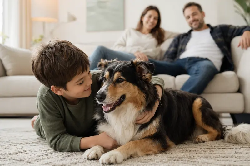 Ein freundlicher Schottischer Schäferhund liegt entspannt neben einem Kind im Wohnzimmer, während die Eltern im Hintergrund eine sichere Familienatmosphäre vermitteln.