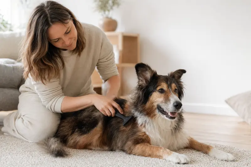 Ein Schottischer Schäferhund wird in einer hellen Wohnung liebevoll gebürstet, was die wichtige Fellpflege beim Hund und einen verantwortungsvollen Umgang mit seiner Gesundheit zeigt.