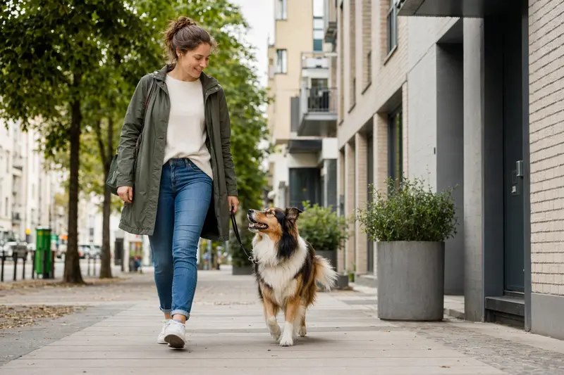 Ein Schottischer Schäferhund läuft entspannt an der Leine mit seinem Besitzer durch eine moderne Stadtstraße.