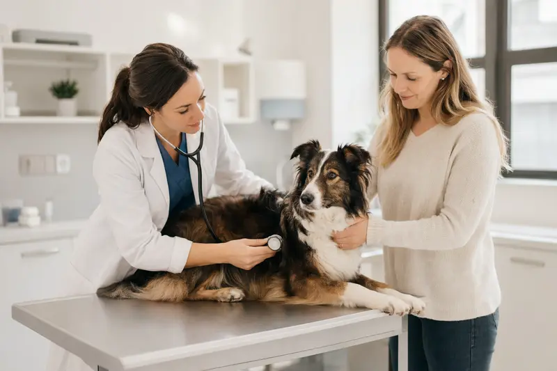 Schottischer Schäferhund auf einem Untersuchungstisch wird in einer modernen Tierarztpraxis von einer Tierärztin mit dem Stethoskop untersucht, während der Besitzer beruhigend danebensteht.