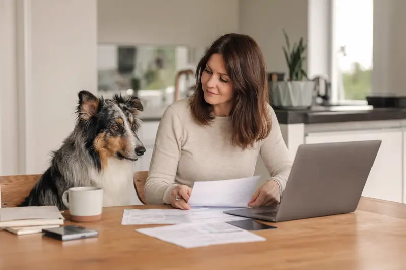 Ein Schottischer Schäferhund sitzt ruhig neben seinem Besitzer am Küchentisch mit Versicherungsunterlagen und einem Laptop mit Vergleichsseite.