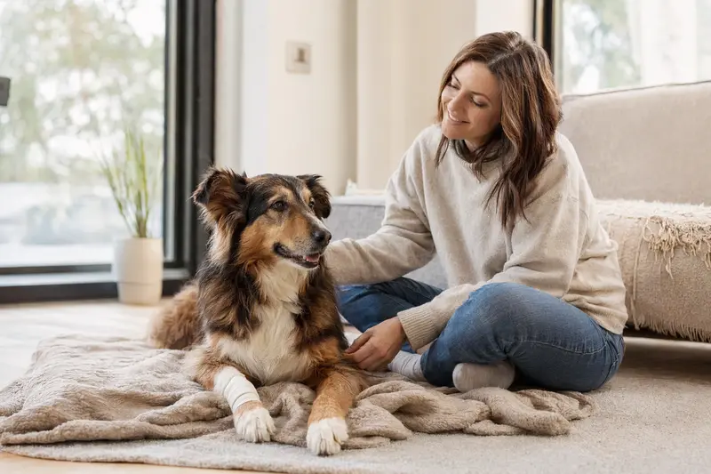 Schottischer Schäferhund mit leichtem Verband an der Pfote liegt ruhig auf einer Decke, während sein Besitzer neben ihm erleichtert sitzt.