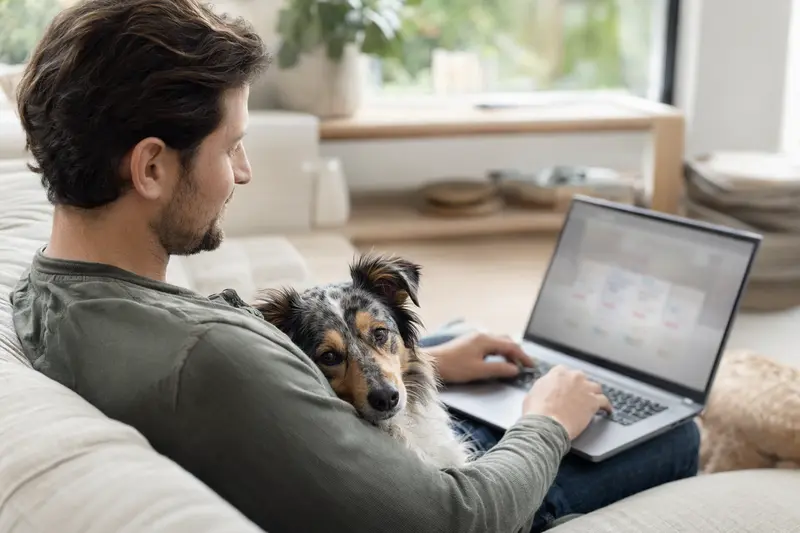 Ein Besitzer sitzt auf dem Sofa mit Laptop und einem Schottischen Schäferhund, während er sich über Versicherungsangebote informiert.