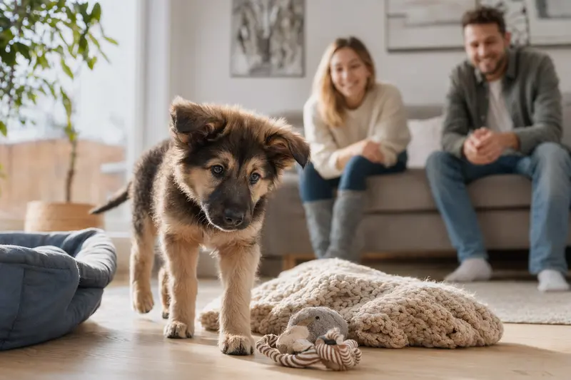 Neugieriger Schottischer Schäferhund Welpe erkundet sein neues Zuhause auf einer weichen Decke mit Spielzeug in einer hellen Wohnung.