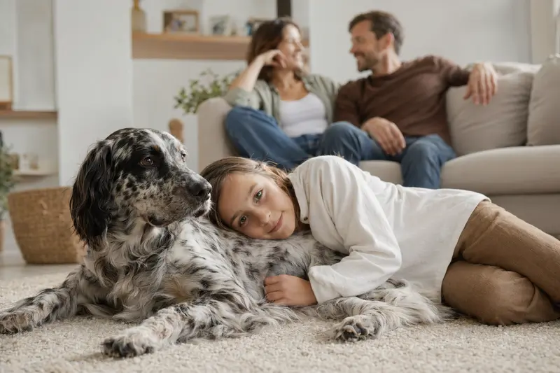 Ein freundlicher Schottischer Setter liegt entspannt neben einem Kind im Wohnzimmer in einer sicheren Familienatmosphäre.