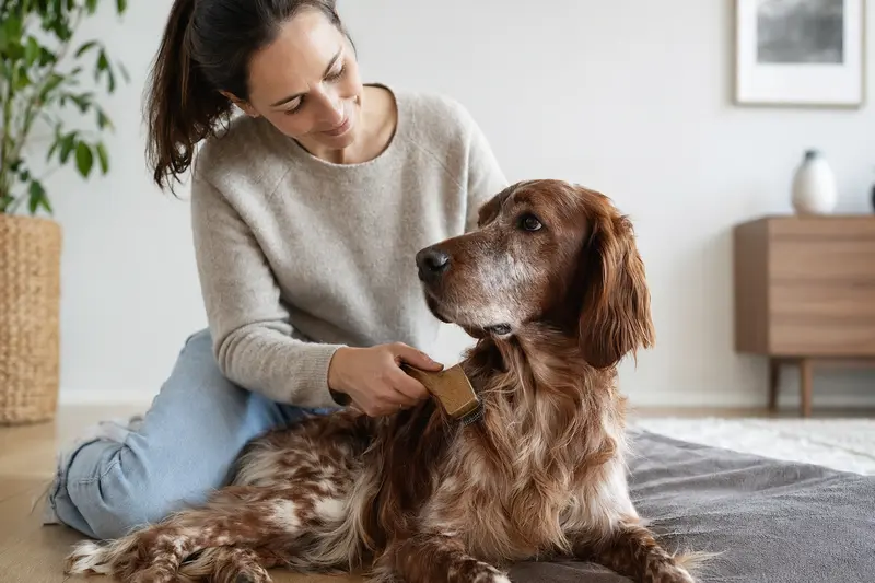 Ein Schottischer Setter wird in einer hellen Wohnung liebevoll gebürstet und gepflegt.