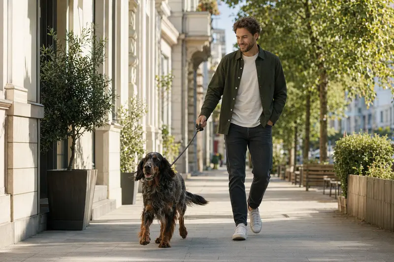 Ein Schottischer Setter läuft an der Leine mit seinem Besitzer durch eine moderne Stadtstraße im Alltag.
