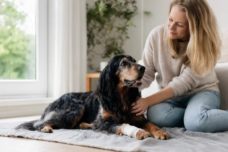 Ein Schottischer Setter mit leicht bandagierter Pfote liegt ruhig auf einer Decke, während sein Besitzer neben ihm erleichtert sitzt.