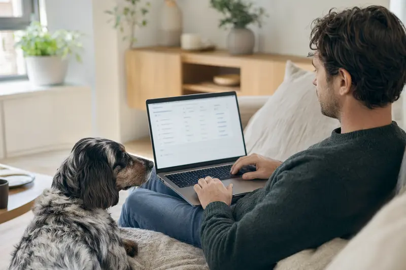 Ein Hundebesitzer nutzt seinen Laptop auf dem Sofa, während ein Schottischer Setter entspannt daneben sitzt und eine neutrale Versicherungsvergleichsseite im Hintergrund sichtbar ist.