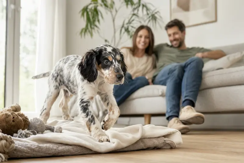 Ein junger Schottischer Setter Welpe erkundet neugierig sein neues Zuhause in einer hellen Wohnung mit weicher Decke und Spielzeug.