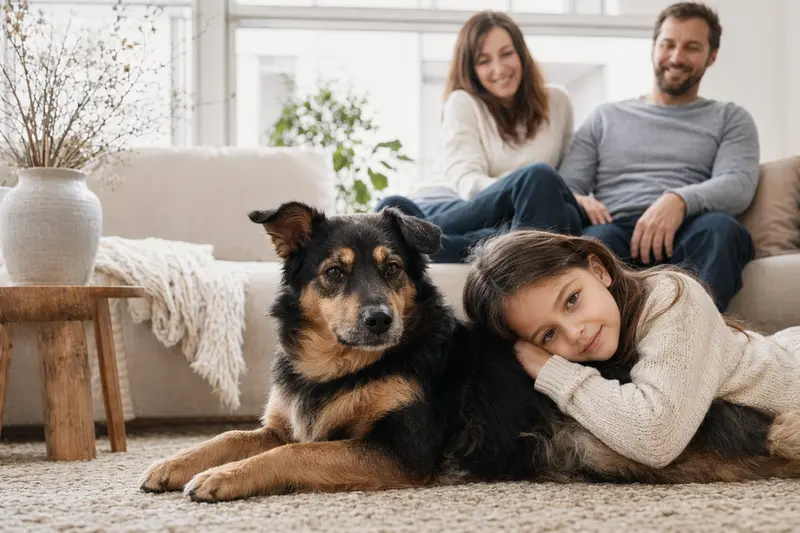 Ein freundlicher Schwarz-roter Waschbärenhund liegt entspannt neben einem Kind im hellen Wohnzimmer, während die Eltern im Hintergrund zu sehen sind.