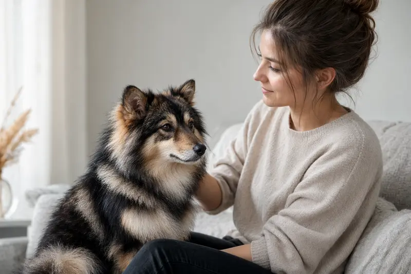 Ein aufmerksam stehender Schwarz-roter Waschbärenhund vor hellem Hintergrund als realistisches Hundeporträt.