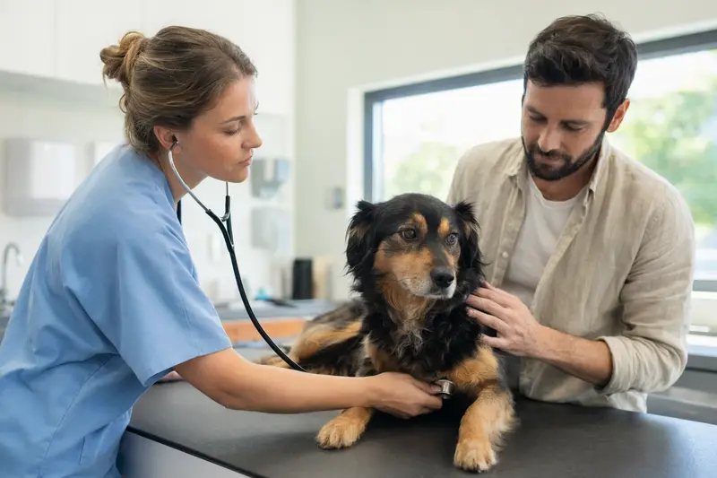 Ein ruhiger Waschbärenhund wird in einer modernen Tierarztpraxis behutsam mit dem Stethoskop untersucht, während die Besitzerin beruhigend danebensteht.
