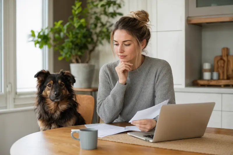 Ein schwarzer Waschbärenhund sitzt ruhig neben seinem Besitzer am Küchentisch mit Versicherungsunterlagen und einem Laptop mit Vergleichsseite.