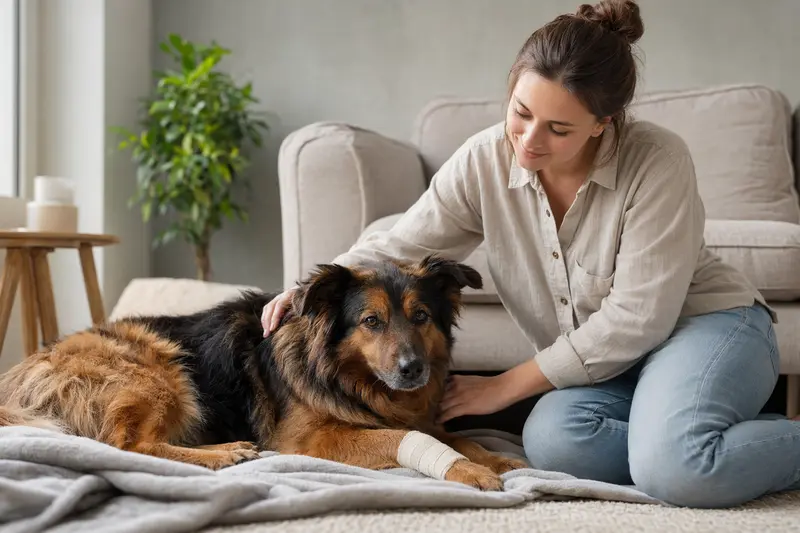 Ein Schwarz-roter Waschbärenhund liegt mit leichtem Verband an der Pfote ruhig auf einer Decke, während sein Besitzer erleichtert neben ihm sitzt.
