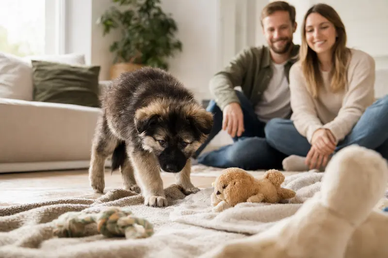 Junger Waschbärenhund-Welpe entdeckt neugierig sein neues Zuhause auf einer weichen Decke in einer hellen Wohnung.