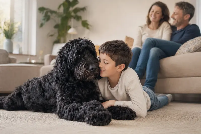 Ein freundlicher Schwarzer Russischer Terrier liegt entspannt neben einem Kind im hellen Wohnzimmer, während die Eltern im Hintergrund für eine sichere Familienatmosphäre sorgen.